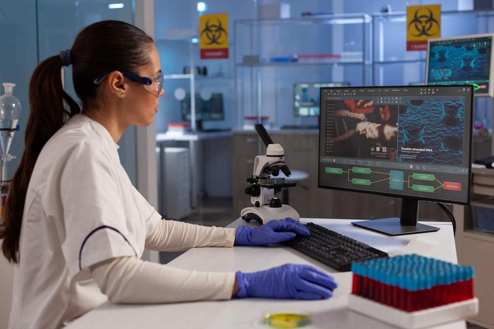 A forensic scientist reviewing DNA analysis software in a crime lab
